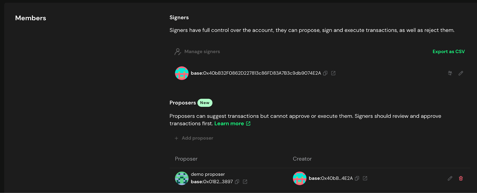 Delegated proposer configuration interface