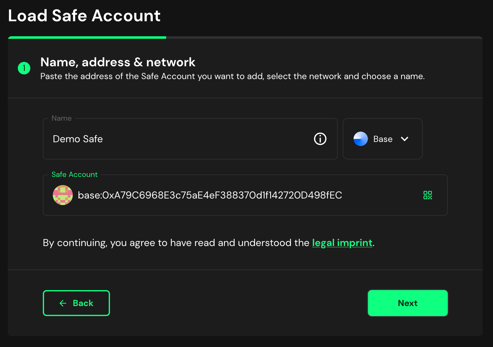 Eternal Safe address entry