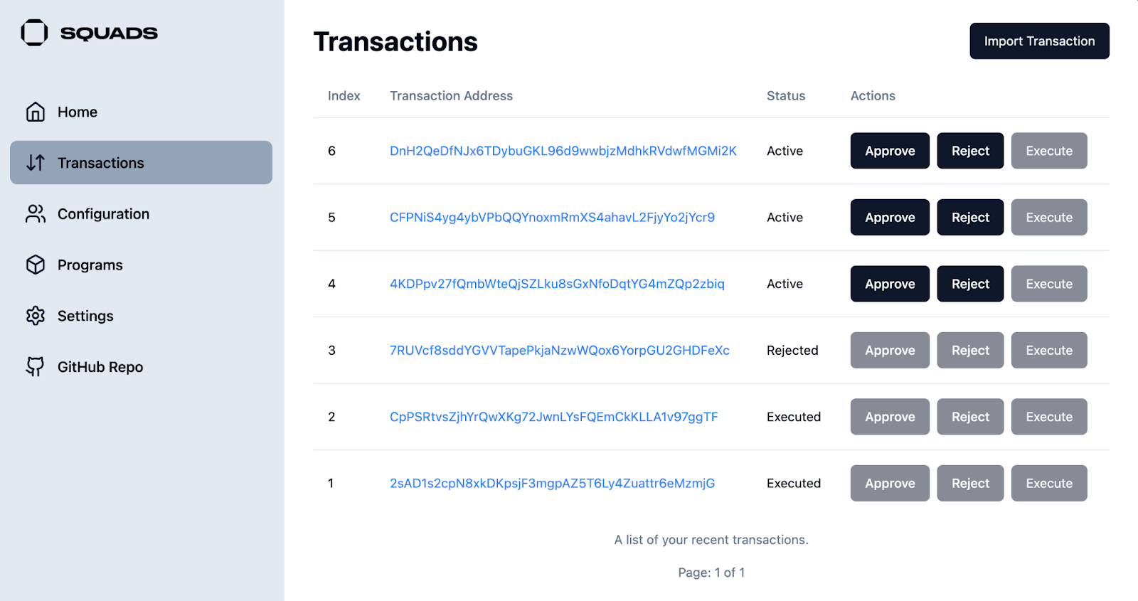 Squads transaction interface