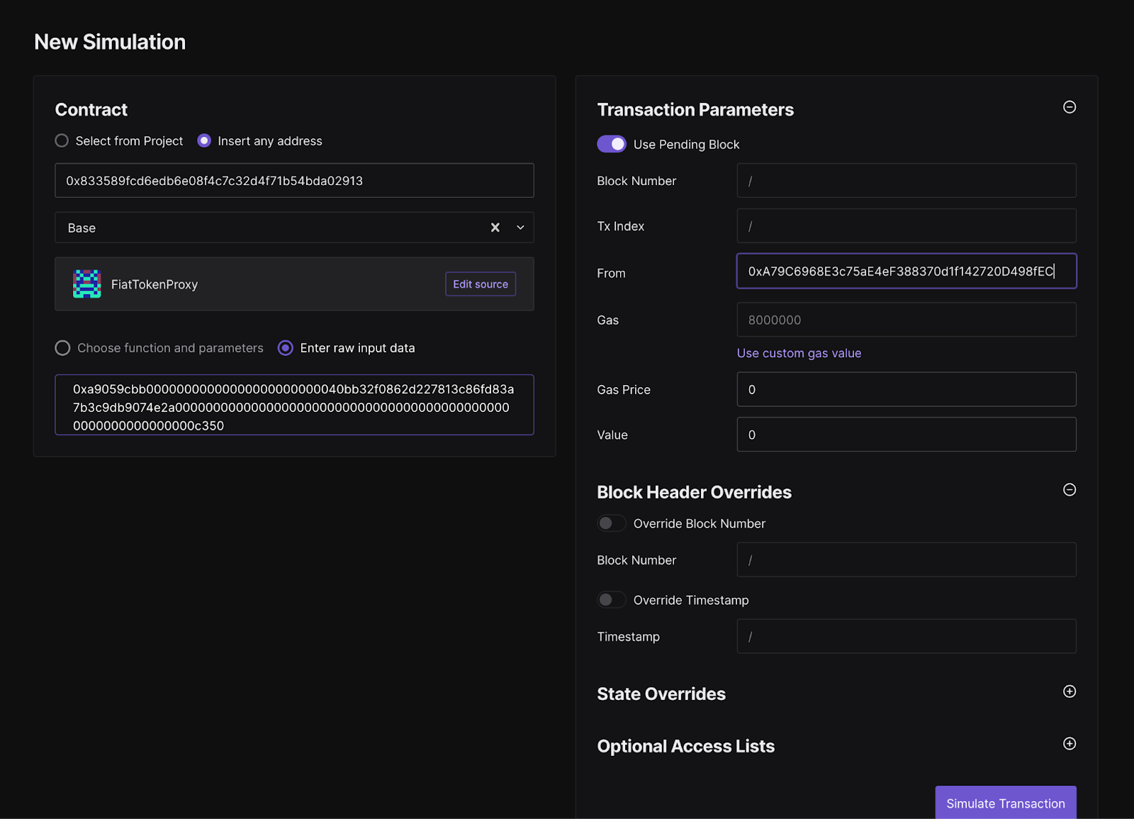 Tenderly simulation setup